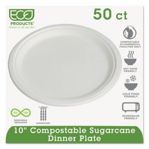 Eco-Products Compostable Sugarcane Dinnerware, 10" Plate, Natural White, 50/Pack ECOEPP005PK EP-P005PK
