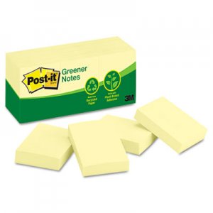 Post-it Greener Notes Recycled Note Pads, 1 1/2 x 2, Canary Yellow, 100-Sheet, 12/Pack MMM653RPYW 653RP