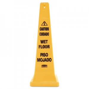 Rubbermaid Commercial Four-Sided Caution, Wet Floor Yellow Safety Cone, 12 1/4 x 12 1/4 x 36h RCP627677