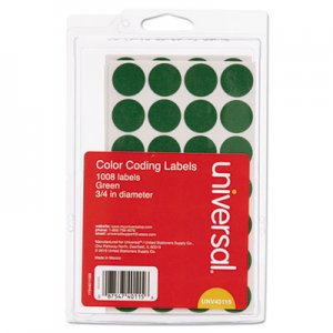 Universal Self-Adhesive Removable Color-Coding Labels, 0.75" dia., Green, 28/Sheet, 36 Sheets/Pack UNV40115