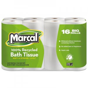 Marcal 100% Recycled Two-Ply Bath Tissue, Septic Safe, 2-Ply, White, 168 Sheets/Roll, 16 Rolls/Pack MRC1646616PK 16466