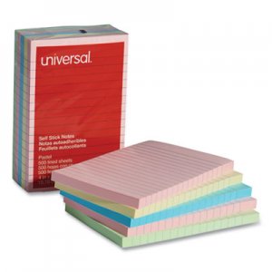 Universal Self-Stick Note Pads, 4 x 6, Lined, Assorted Pastel Colors, 100-Sheet, 5/PK UNV35616