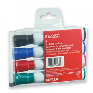 Universal Dry Erase Marker, Medium Bullet Tip, Assorted Colors, 4/Set UNV43680