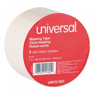 Universal General-Purpose Masking Tape, 3" Core, 24 mm x 54.8 m, Beige, 3/Pack UNV51301