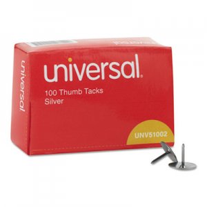 Universal Thumb Tacks, Steel, Silver, 5/16", 100/Box UNV51002