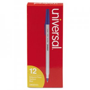 Universal Stick Ballpoint Pen, Medium 1mm, Blue Ink, Gray Barrel, Dozen UNV27411
