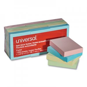 Universal Self-Stick Note Pads, 1-1/2 x 2, Assorted Pastel Colors, 100-Sheet, 12/PK UNV35663