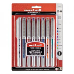 Uni-Ball VISION Needle Stick Roller Ball Pen, Fine 0.7mm, Assorted Ink, Silver Barrel, 8/Set UBC1734916 1734916