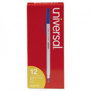 Universal Stick Ballpoint Pen, Fine 0.7mm, Blue Ink, Gray Barrel, Dozen UNV27421
