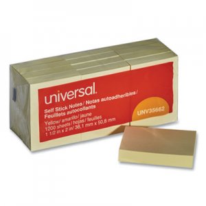 Universal Self-Stick Note Pads, 1 1/2 x 2, Yellow, 12 100-Sheet/Pack UNV35662