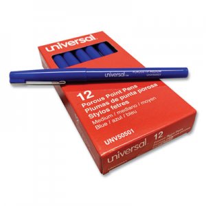 Universal Deluxe Porous Tip Stick Pen, Blue Ink, Medium, Dozen UNV50501