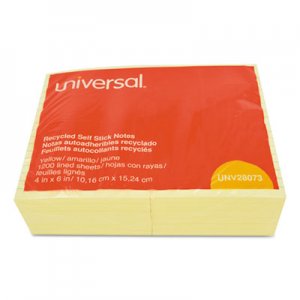 Universal Recycled Self-Stick Note Pads, Lined, 4 x 6, Yellow, 100-Sheet, 12/Pack UNV28073
