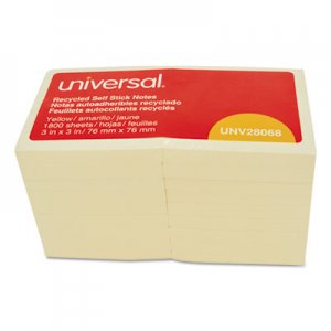 Universal Recycled Self-Stick Note Pads, 3 x 3, Yellow; 100-Sheet, 18/Pack UNV28068