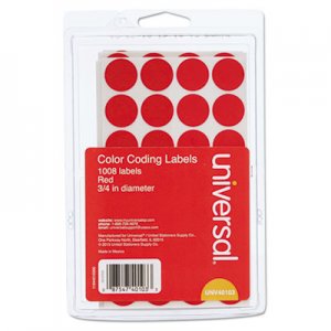 Universal Self-Adhesive Removable Color-Coding Labels, 0.75" dia., Red, 28/Sheet, 36 Sheets/Pack UNV40103