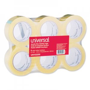 Universal Deluxe General-Purpose Acrylic Box Sealing Tape, 3" Core, 1.88" x 110 yds, Clear, 6/Pack UNV53200