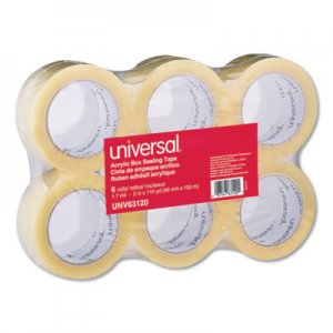 Universal Deluxe General-Purpose Acrylic Box Sealing Tape, 3" Core, 1.88" x 110 yds, Clear, 6/Pack UNV63120