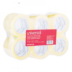Universal Deluxe General-Purpose Acrylic Box Sealing Tape, 3" Core, 1.88" x 110 yds, Clear, 12/Pack UNV66100