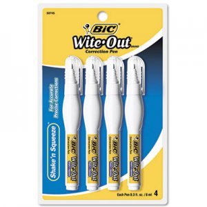 BIC Wite-Out Shake 'n Squeeze Correction Pen, 8 mL, White, 4/Pack BICWOSQPP418 WOSQPP418