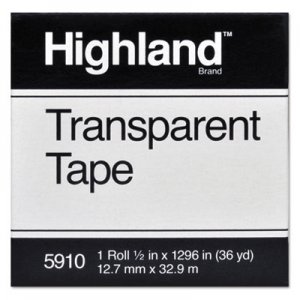 Highland Transparent Tape, 1" Core, 0.5" x 36 yds, Clear MMM5910121296 5910