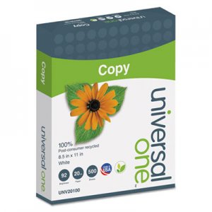 Universal 100% Recycled Copy Paper, 92 Bright, 20lb, 8.5 x 11, White, 500 Sheets/Ream, 10 Reams/Carton UNV20100