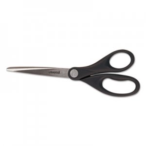 Universal Stainless Steel Office Scissors, Pointed Tip, 7" Long, 3" Cut Length, Black Straight Handle UNV92008