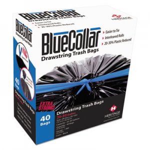 BlueCollar Drawstring Trash Bags, 30 gal, 1 mil, 30" x 34", Black, 40/Box HERN6034YKRC1 N6034YK RC1
