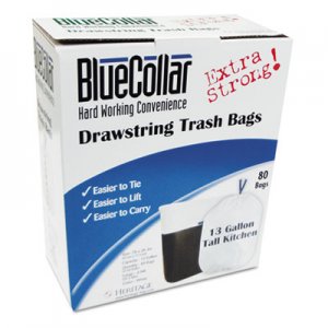 BlueCollar Drawstring Trash Bags, 13 gal, 0.8 mil, 24" x 28", White, 80/Box HERN4828EWRC1 N4828EW RC1