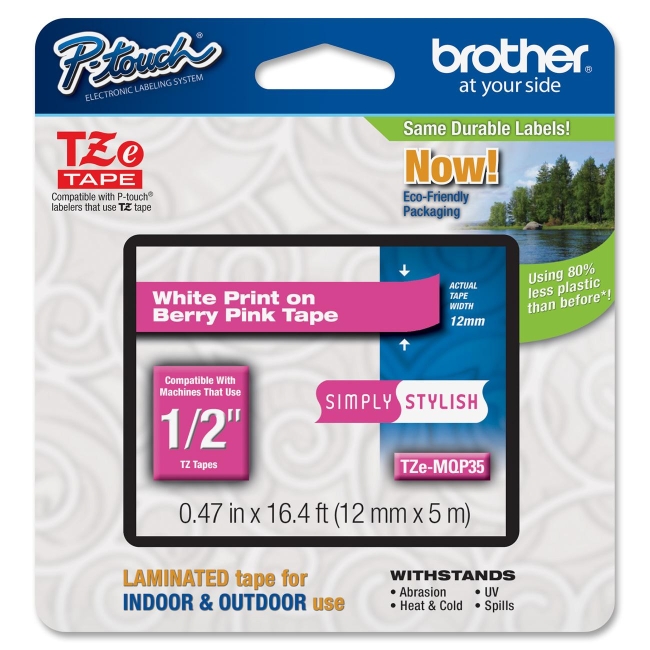 Brother White on Berry Pink Label Tape TZEMQP35 TZe-MQP35