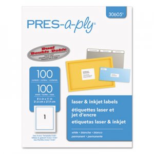 PRES-a-ply Labels, Laser Printers, 8.5 x 11, White, 100/Box AVE30605 30605