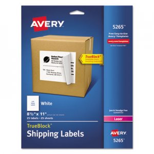 Avery Shipping Labels with TrueBlock Technology, Laser Printers, 8.5 x 11, White, 25/Pack AVE5265 05265