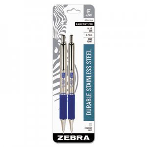 Zebra F-402 Retractable Ballpoint Pen, 0.7mm, Blue Ink, Stainless Steel/Blue Barrel, 2/Pack ZEB29222 29222