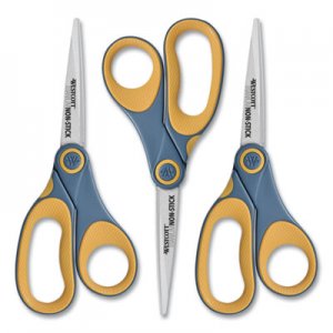 Westcott Non-Stick Titanium Bonded Scissors, 8" Long, 3.25" Cut Length, Gray/Yellow Straight Handles, 3/Pack ACM15454 15454