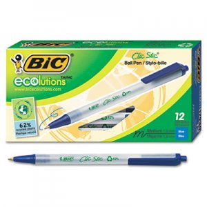 BIC Ecolutions Clic Stic Retractable Ballpoint Pen, 1mm, Blue Ink, Clear Barrel, Dozen BICCSEM11BE CSEM11-BE