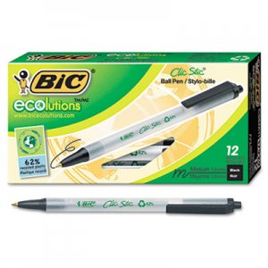 BIC Ecolutions Clic Stic Retractable Ballpoint Pen, 1mm, Black Ink, Clear Barrel, Dozen BICCSEM11BK CSEM11-BK