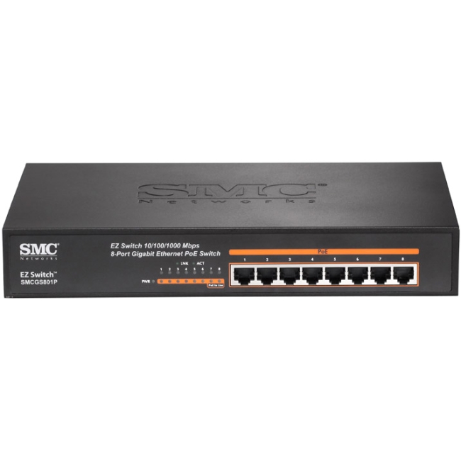 SMC EZ Switch 10/100/1000 8-Port Gigabit Ethernet PoE Switch SMCGS801P NA SMCGS801P