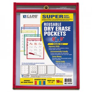 C-Line Reusable Dry Erase Pockets, 6 x 9, Assorted Primary Colors, 10/Pack CLI41610 41610