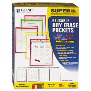 C-Line Reusable Dry Erase Pockets, 9 x 12, Assorted Neon Colors, 25/Box CLI40820 40820