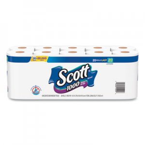 Scott 1000 Bathroom Tissue, Septic Safe, 1-Ply, White, 1000 Sheet/Roll, 20/Pack KCC20032 20032