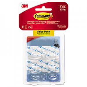 Command Clear Hooks and Strips, Plastic, Mini, 18 Hooks and 24 Strips/Pack MMM17006CLR18ES 17006CLR-18ES