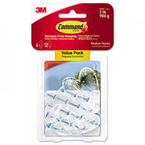 Command Clear Hooks and Strips, Plastic, Medium, 6 Hooks and 12 Strips/Pack MMM17091CLR6ES 17091CLR-6ES