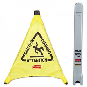 Rubbermaid Commercial Multilingual "Caution" Pop-Up Safety Cone, 3-Sided, Fabric, 21 x 21 x 20, Yellow RCP9S00YEL FG9S0000YEL