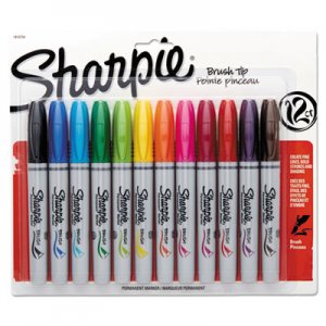 Sharpie Brush Tip Permanent Marker, Medium, Assorted Colors, 12/Set SAN1810704 1810704