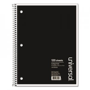 Universal Wirebound Notebook, 3 Subjects, Medium/College Rule, Black Cover, 11 x 8.5, 120 Sheets UNV66400