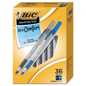 BIC Round Stic Grip Xtra Comfort Stick Ballpoint Pen Value Pack, 1.2mm, Assorted Ink/Barrel, 36/Pack BICGSMG361AST GSMG361