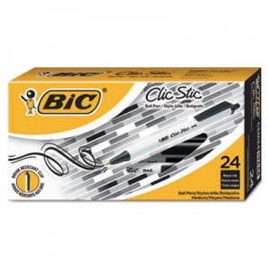 BIC Clic Stic Retractable Ballpoint Pen Value Pack, Medium 1 mm, Black Ink, White Barrel, 24/Pack BICCSM241BK CSM241-BK