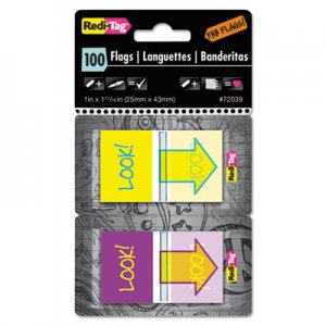 Redi-Tag Pop-Up Fab Page Flags w/Dispenser, "Look!", Purple/Yellow; Yellow/Teal, 100/Pack RTG72039 72039