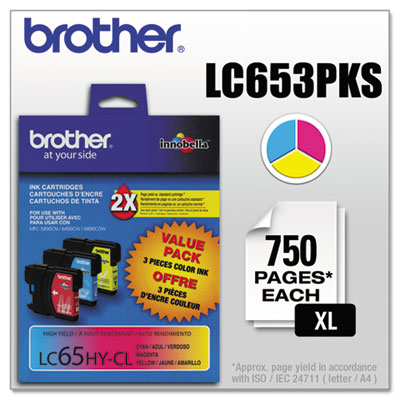 Brother (LC-65) Innobella High-Yield Ink, 900 Page-Yield, Cyan; Magenta; Yellow LC653PKS BRTLC653PKS