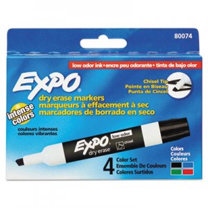 EXPO Low-Odor Dry-Erase Marker, Broad Chisel Tip, Assorted Colors, 4/Set SAN80074 80074