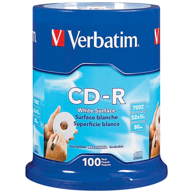 Verbatim CD-R 80MIN 700MB 52x Blank White Surface 100pk Spindle 94712