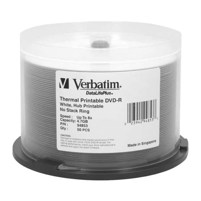 Verbatim DVD-R 4.7GB 8x DataLifePlus White Thermal Hub Printable 50pk Spindle 94853